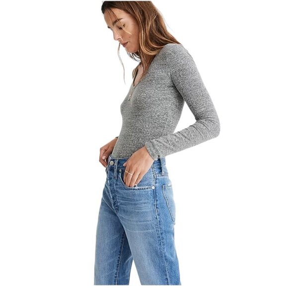 Madewell Gray Long-Sleeve V-Neck Full-Coverage Bodysuit, XL - Picture 11 of 14